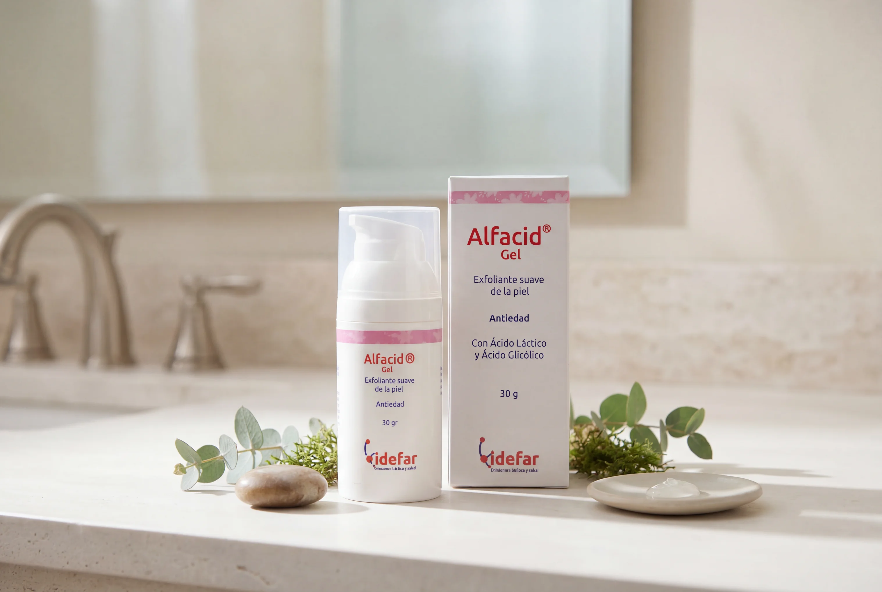 Alfacid Gel — producto en mesa de noche con sábana de seda