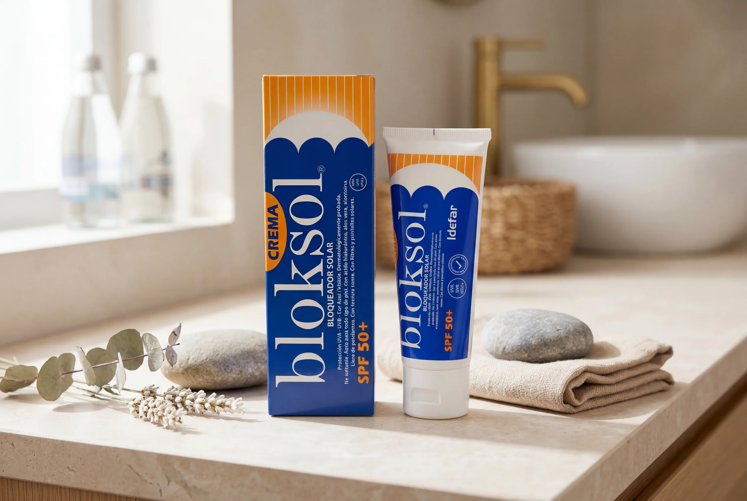 Bloksol Crema — producto con gafas de sol y sombrero