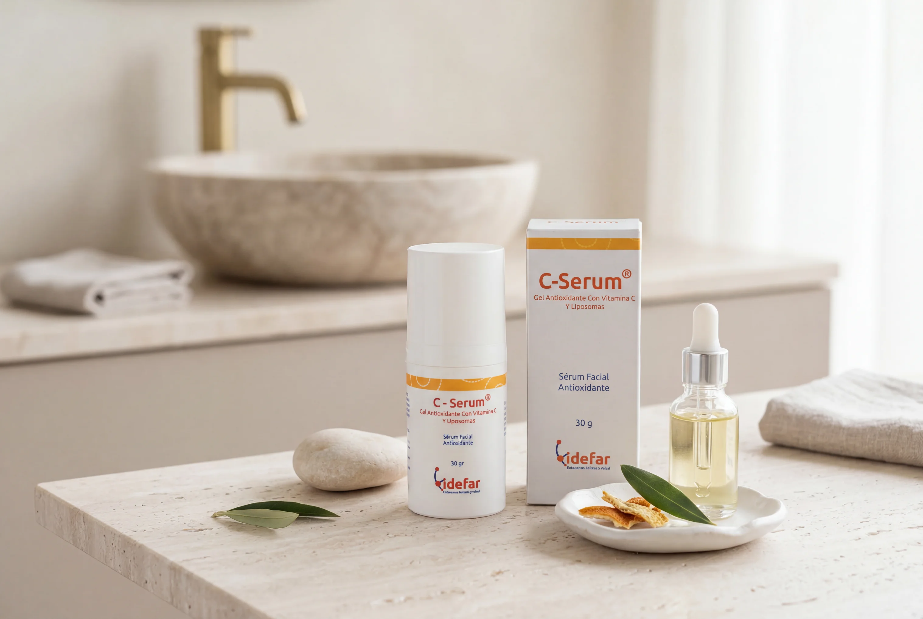 C-Serum Vitamina C — frasco junto a cítricos y luz dorada