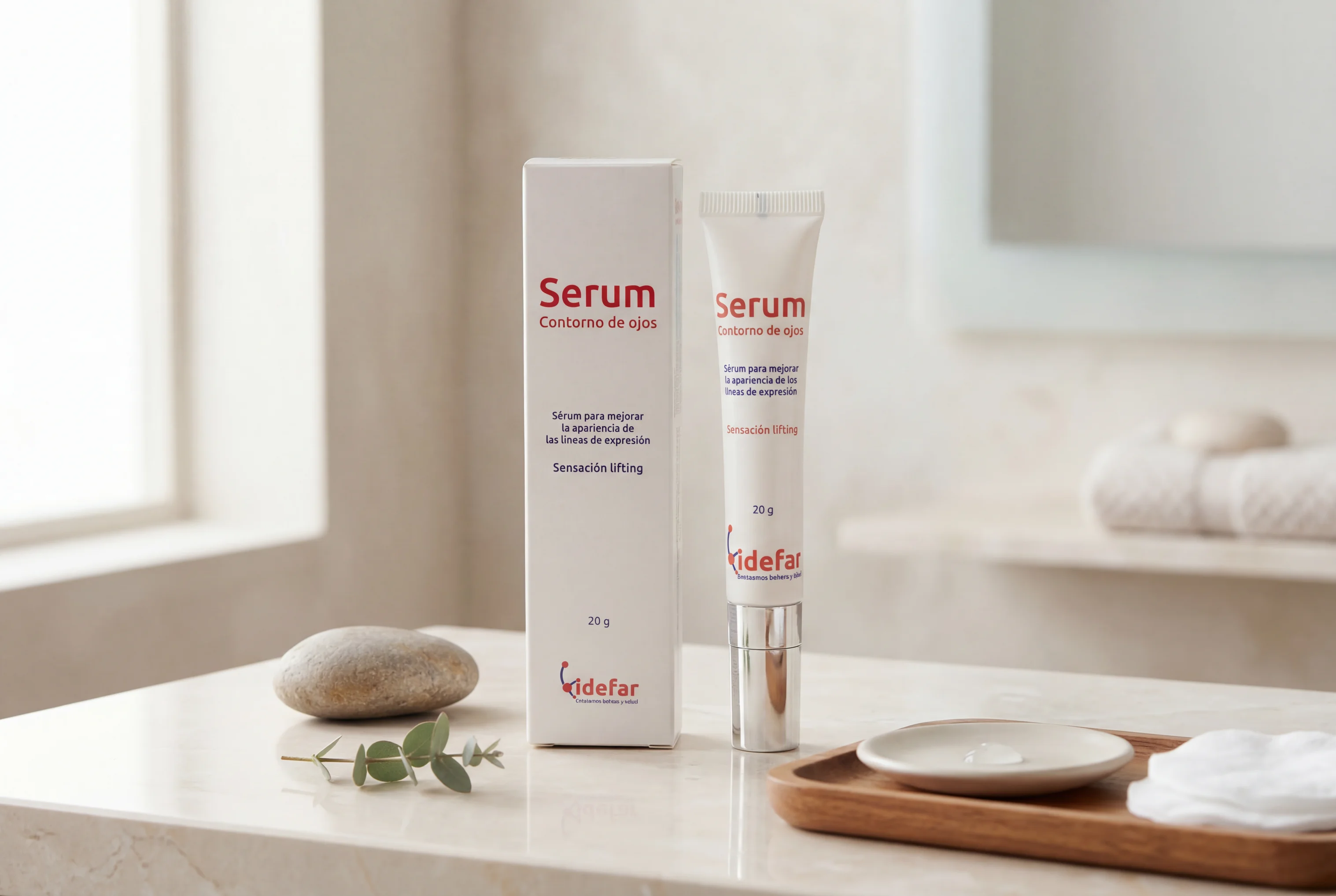 Serum Contorno de Ojos — producto elegante sobre espejo