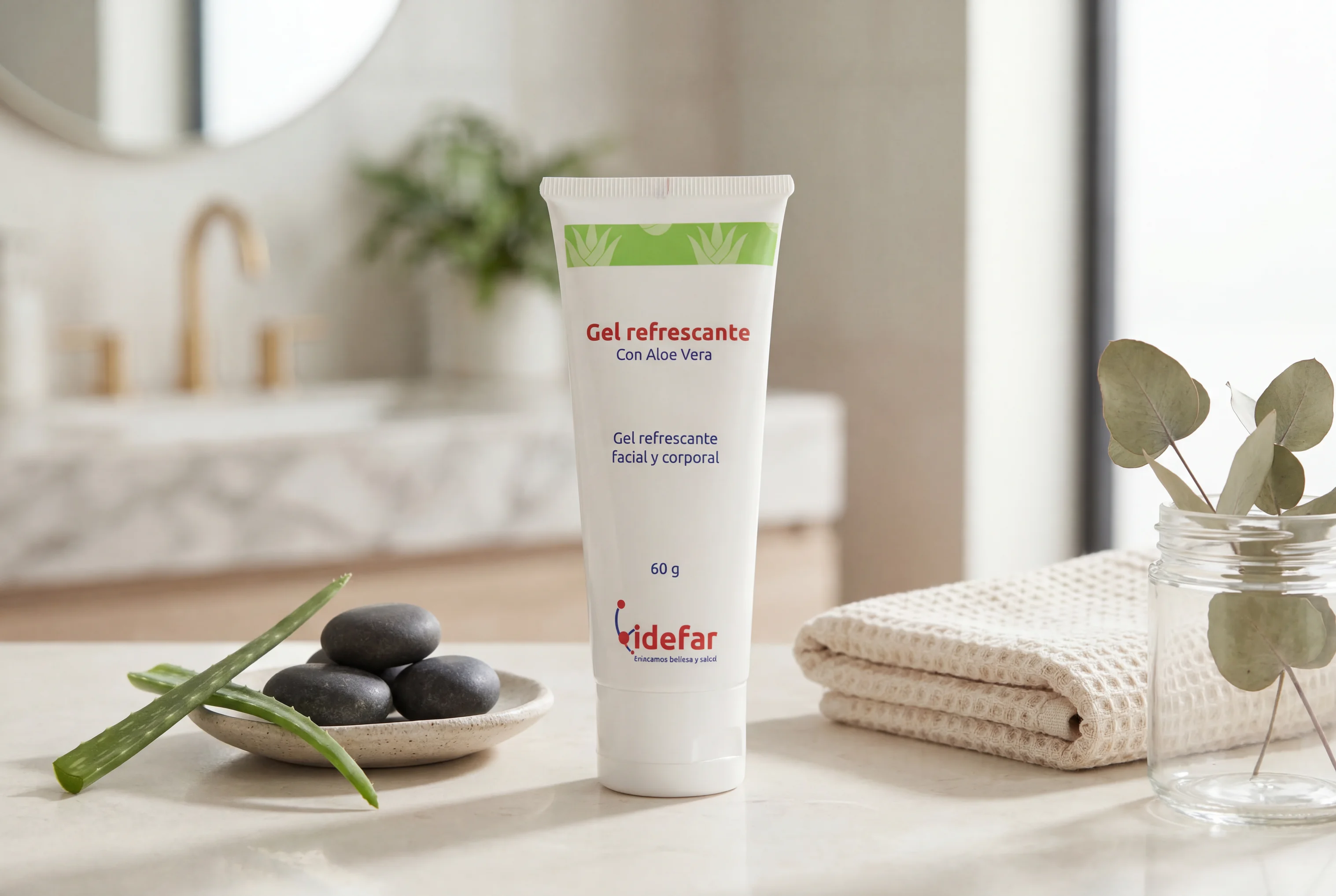 Gel Aloe Vera — producto junto a hojas de aloe vera