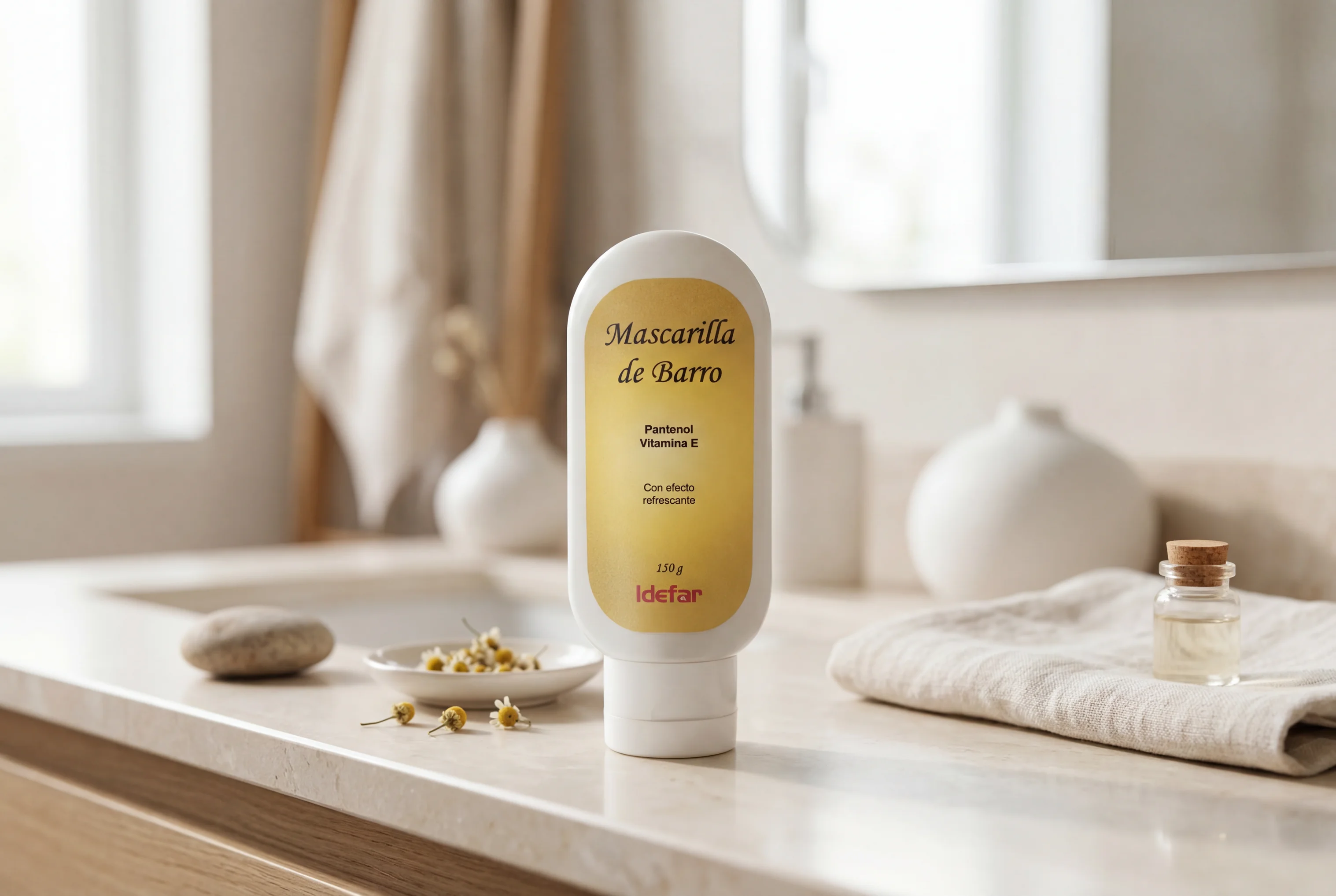 Mascarilla de Barro — tarro abierto junto a espátula y toalla blanca