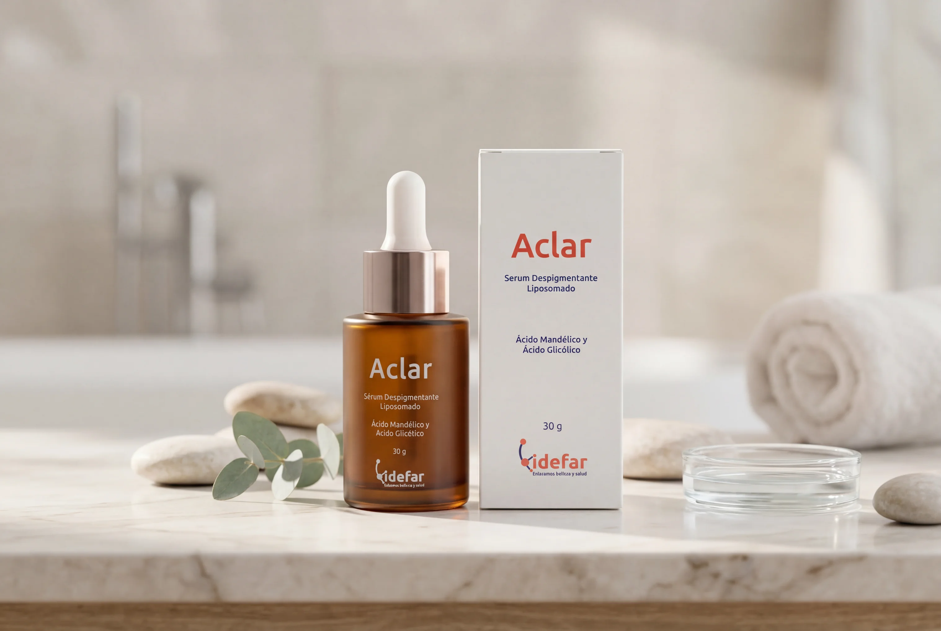 Serum Aclar — frasco con gotero junto a almendras y luz pura