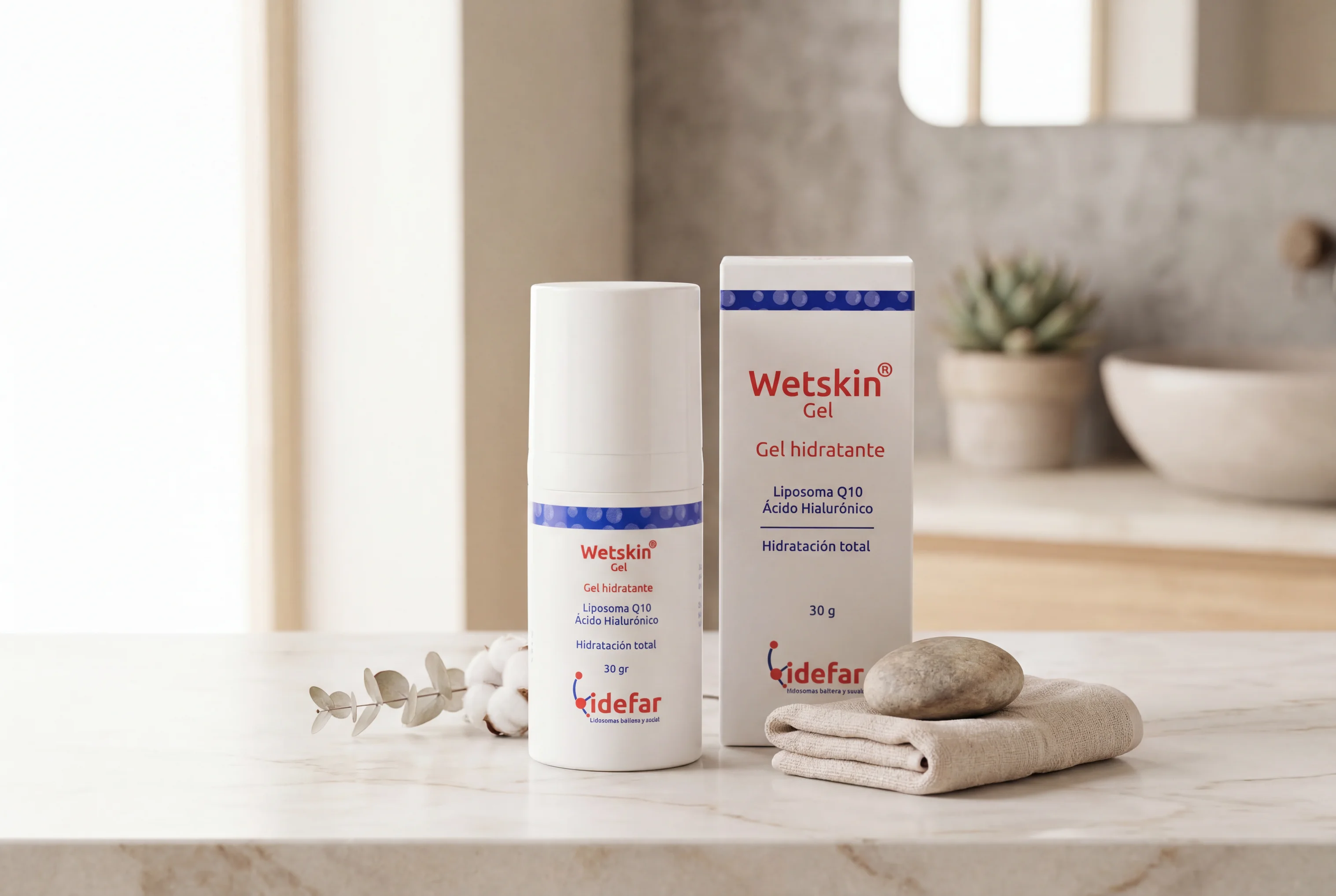 Wetskin Gel — producto sobre mármol con planta verde
